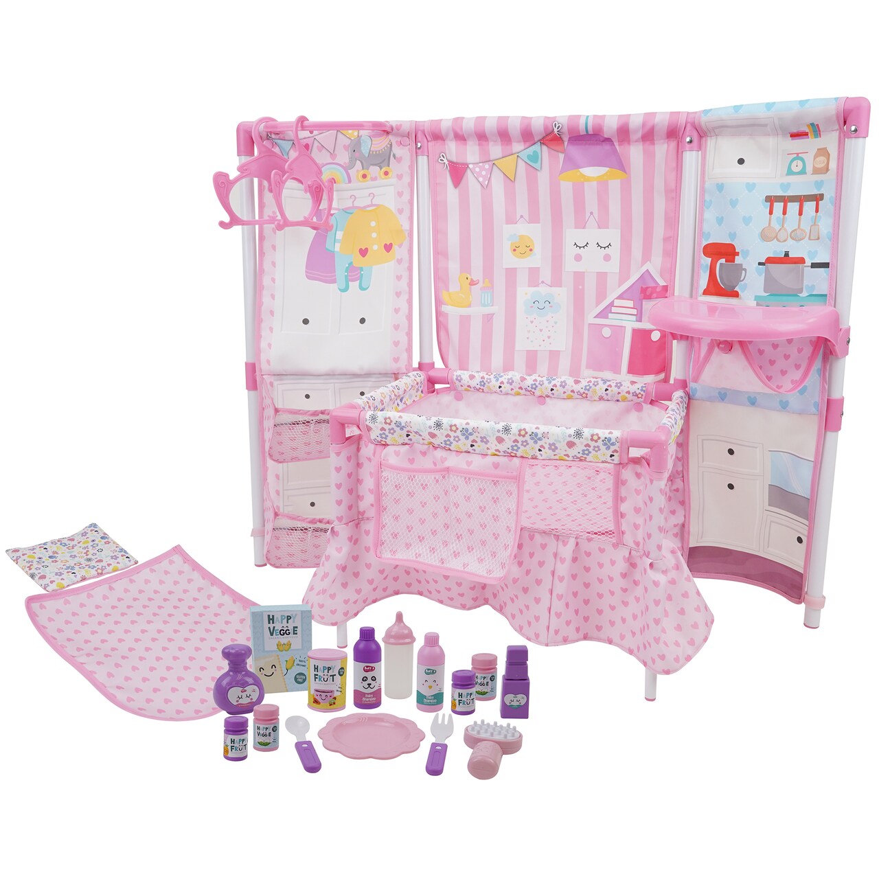 BnB Pink Doll Furniture Set - 14" Baby Doll, Built in Highchair & Play Yard, Accessories, Kids Pretend Sleep Play Set Ages 3+